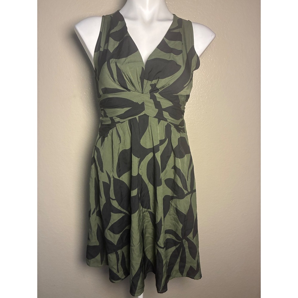 Olive Green Black Leaf Print V-Neck Empire Waist Smocked Back Mini Dress Small